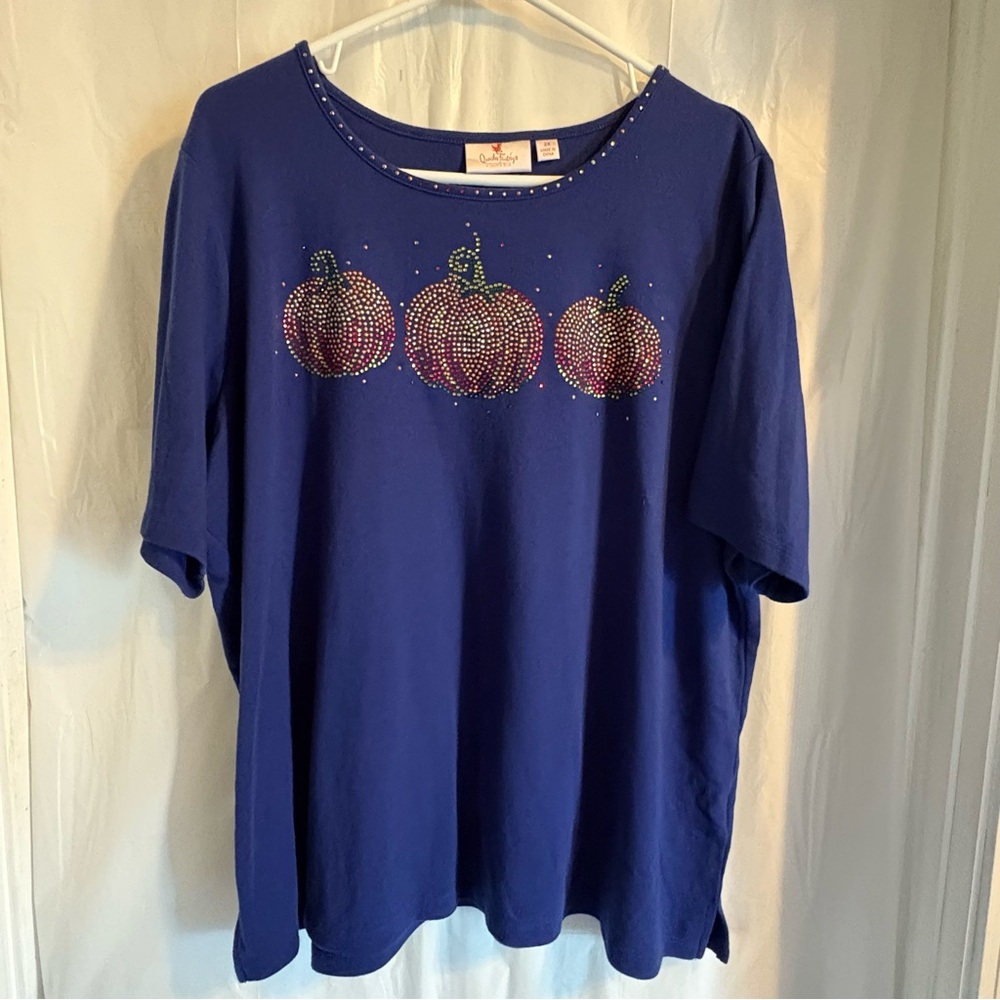 Quacker Factory Knit Top Size 2X Blue Rhinestones Pumpkins Fall Cotton Blend